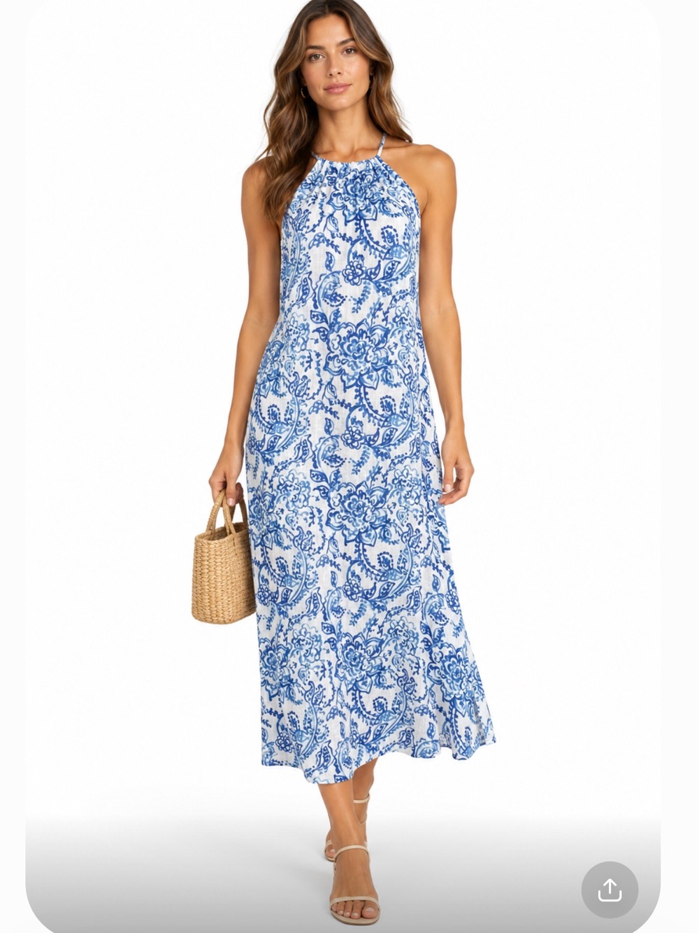 CAROLINE CONSTAS Blue & White Floral Linen Maxi Dress Resort Wear Vacation